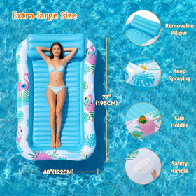 Happy Aplenty pool float with built in pillow and cup holder for relaxed sunbathing