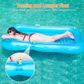 Happy Aplenty tanning pool lounger with pillow for neck and shoulder comfort.