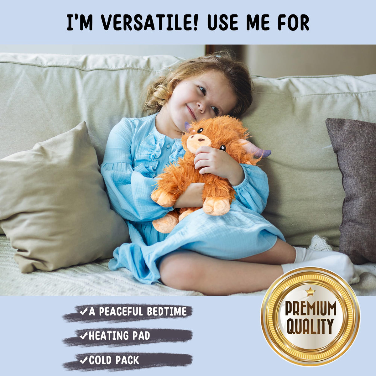 Cute Highland Cow plush doubles as a warm-cold comfort item.