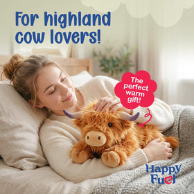 Hug-worthy cow plush by Happy Fuel suitable for women, girls, and kids.