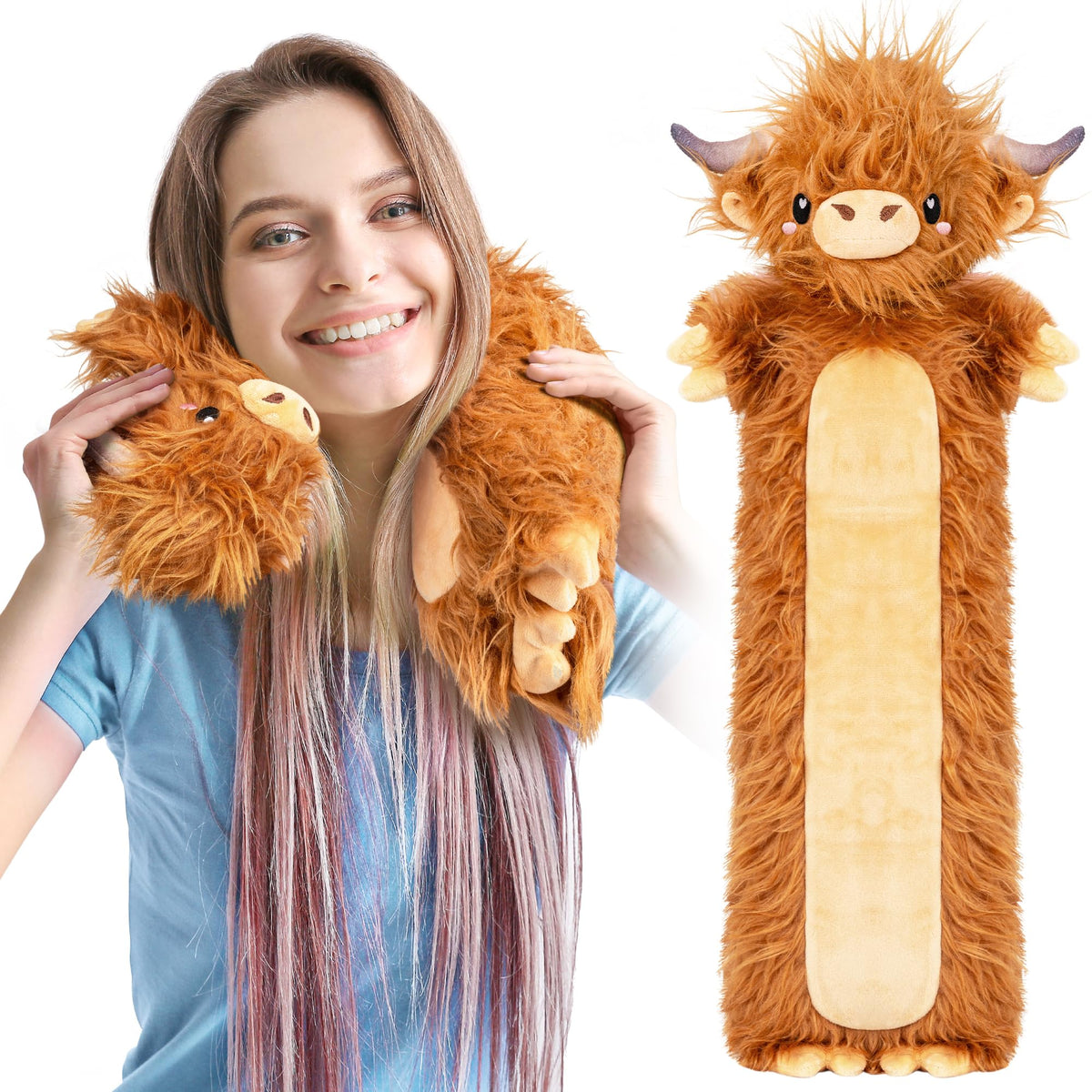 Happy Fuel Brown Highland Cow microwavable weighted plush for cozy warmth.