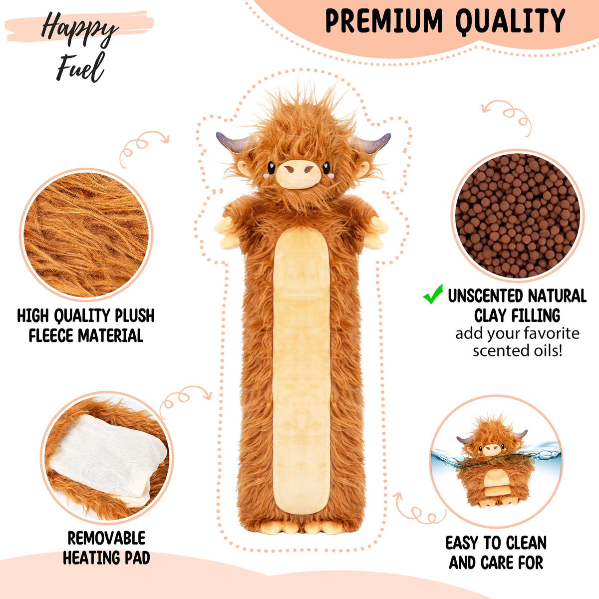 Happy Fuel Brown Highland Cow with removable heating pad for customizable warmth.