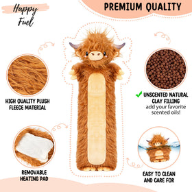 Happy Fuel Brown Highland Cow with removable heating pad for customizable warmth.