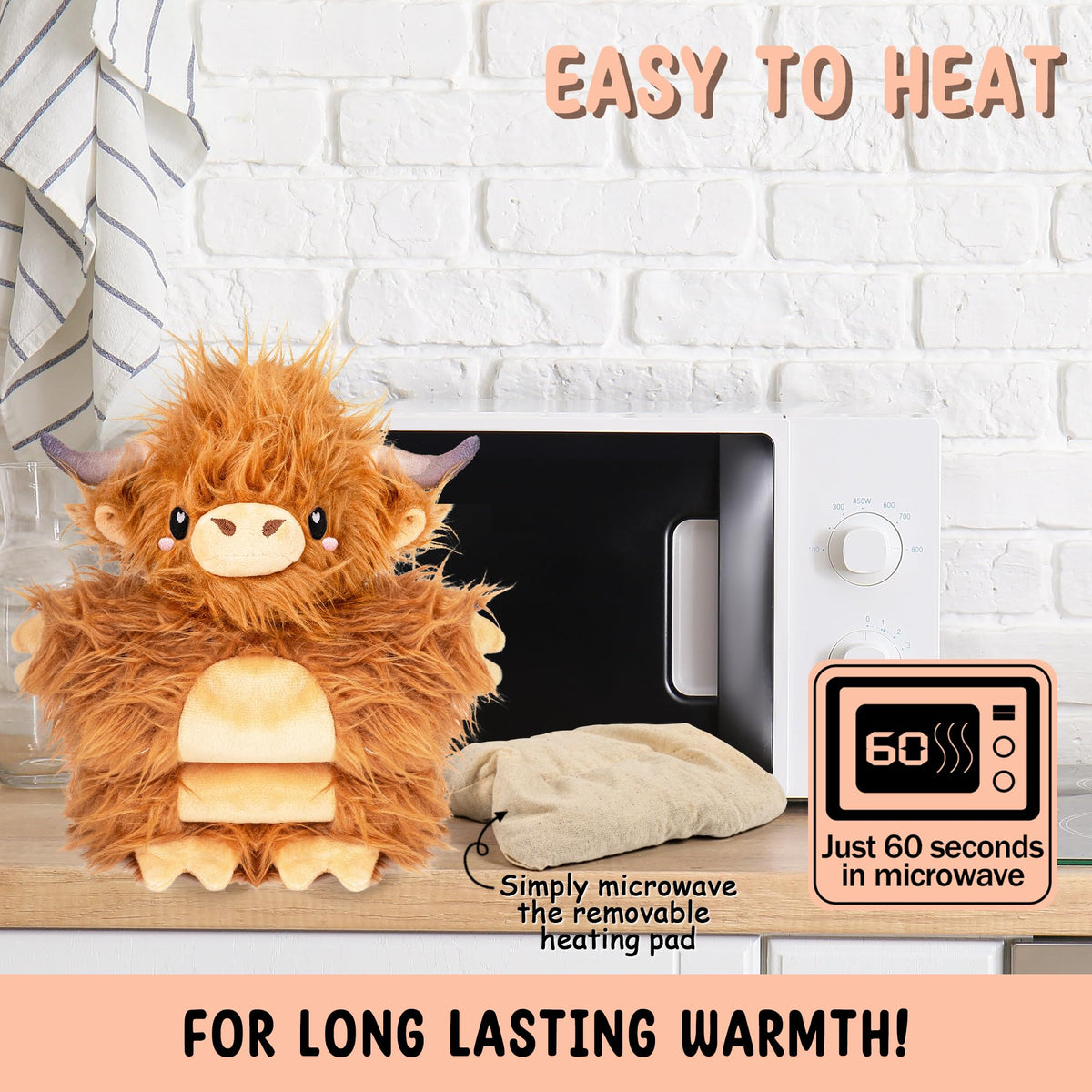 Happy Fuel unscented Highland Cow plush with natural clay bead fill for clean heat.