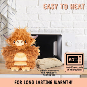 Happy Fuel unscented Highland Cow plush with natural clay bead fill for clean heat.