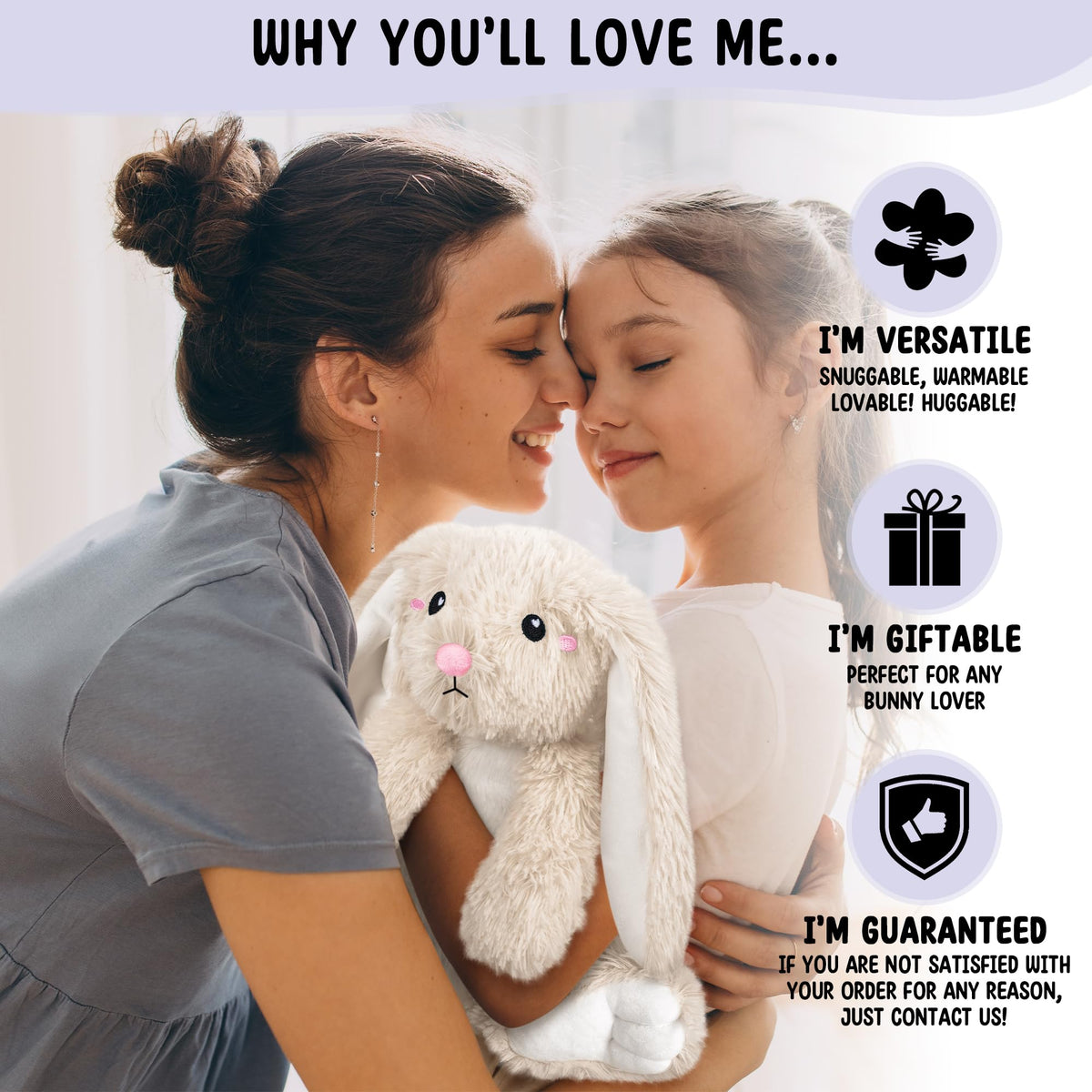 Happy Fuel bunny plush features removable heating pad for easy care