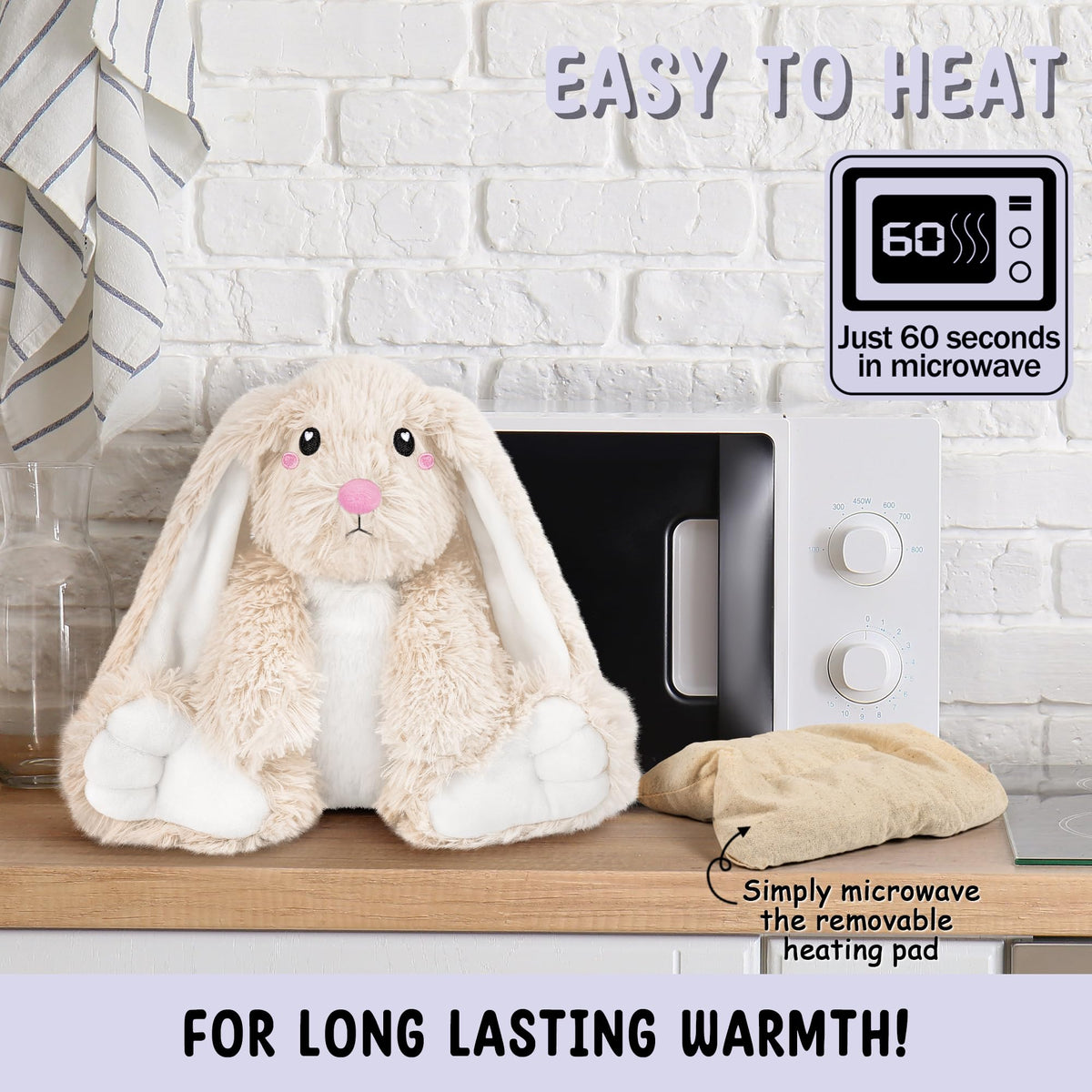 Happy Fuel bunny plush heats in 60 seconds for instant comfort