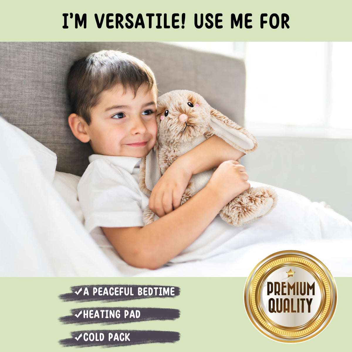 Happy Fuel Bunny shows 1.5 lb weighted design for comforting heft.