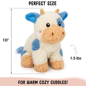Happy Fuel cow plush with removable heating pad for quick warm comfort.
