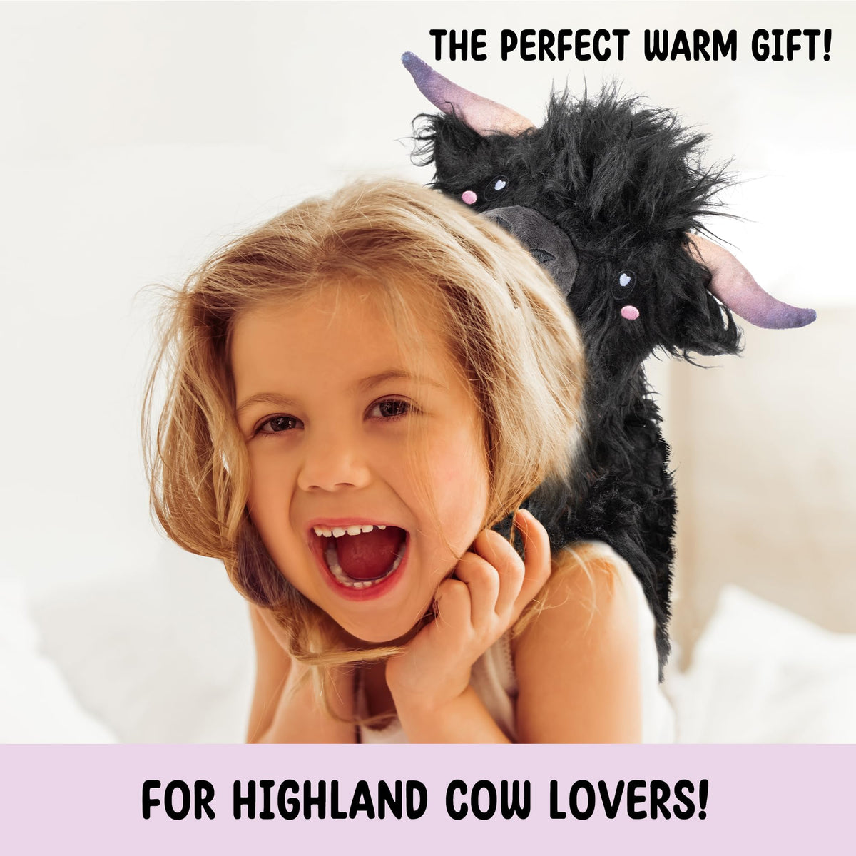Happy Fuel Highland Cow kid-friendly use illustrates safe, comforting warmth for children