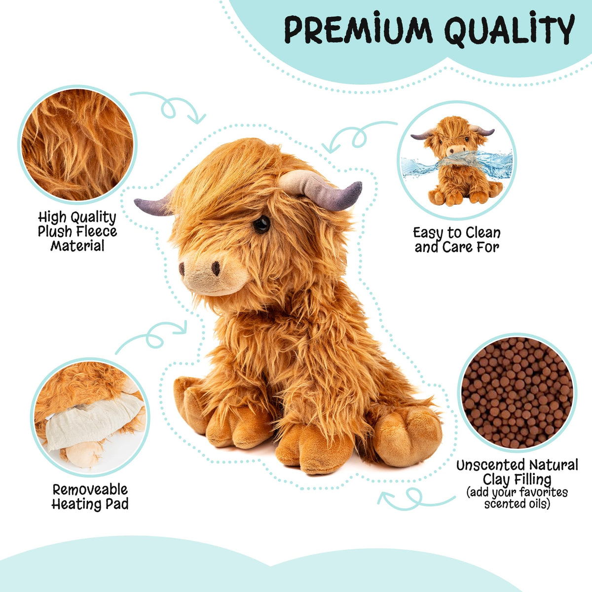 Happy Fuel Highland Cow plush with removable heating pad for flexible warmth.