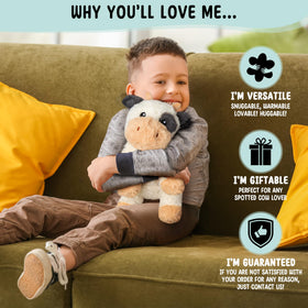 Happy Fuel removable heating pad in cow plush for easy reheating.