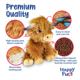 Happy Fuel Highland Cow Plush with removable heating pad for long-lasting comfort.