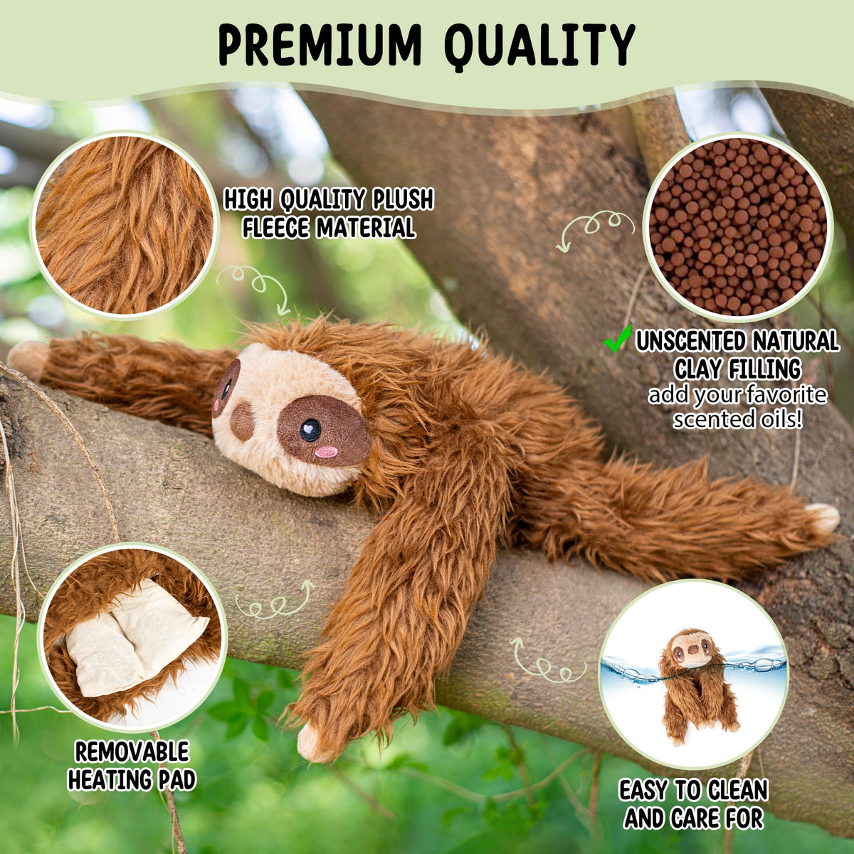 Happy Fuel Sloth heating pad back view highlighting plush softness for gentle relief.