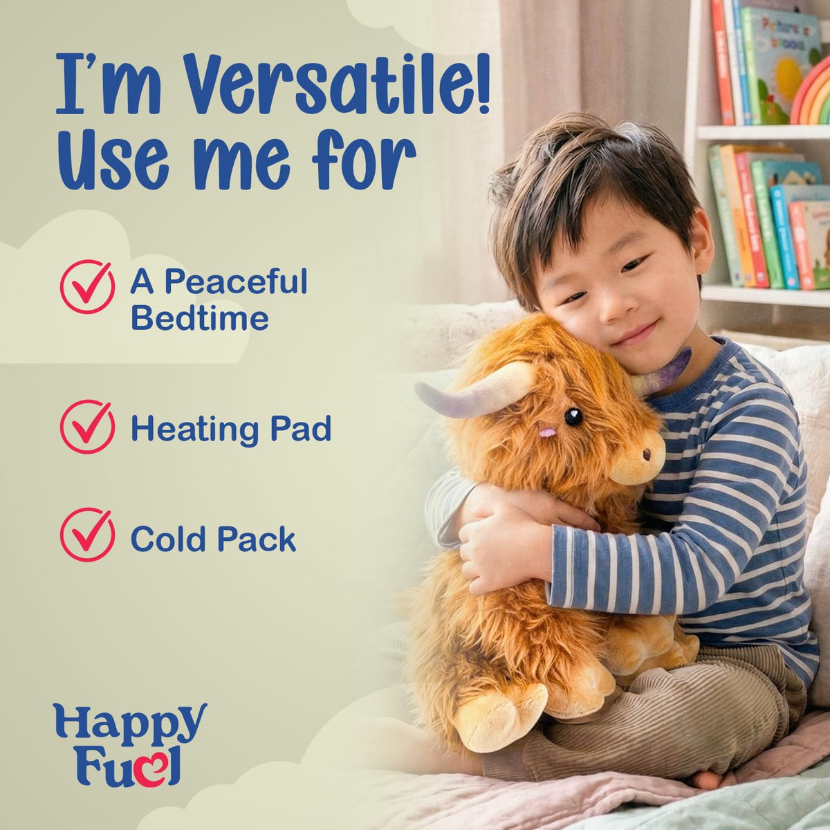 Happy Fuel Highland Cow Plush offers warm snuggle for bedtime and lounging.