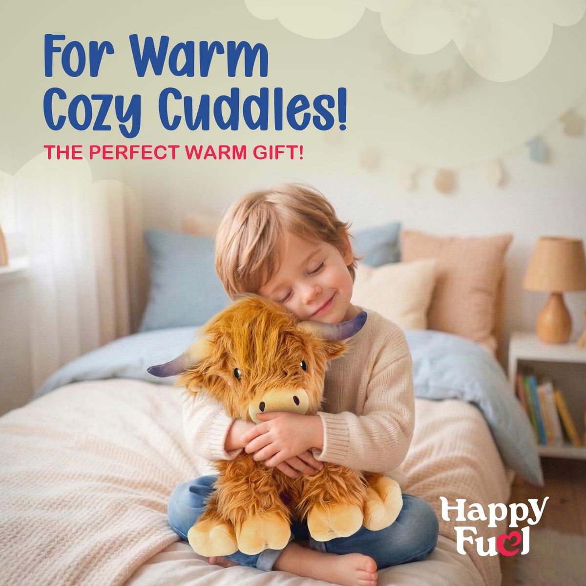 Happy Fuel Highland Cow Plush unscented heating pad stays clean and soft.