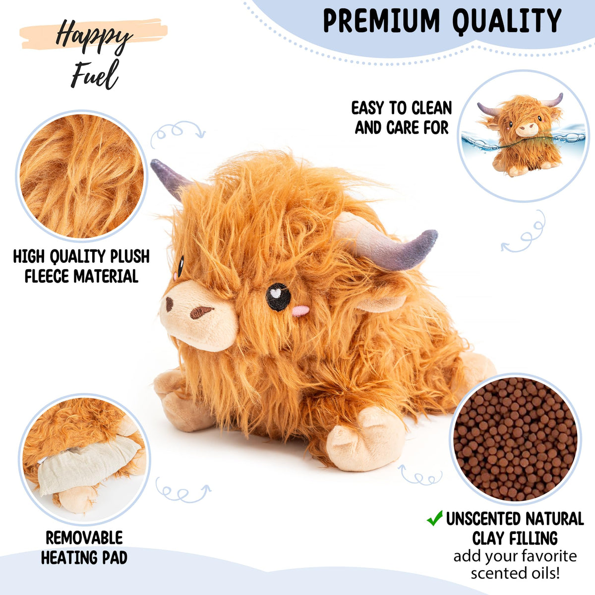 Unscented microwavable heating pad with Highland Cow design for calm comfort.
