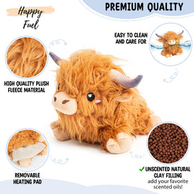 Unscented microwavable heating pad with Highland Cow design for calm comfort.