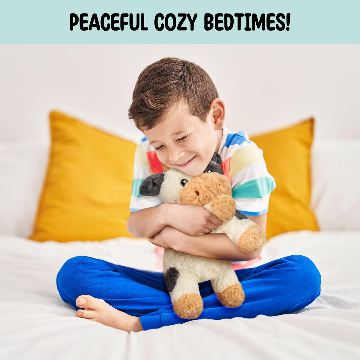 Happy Fuel unscented heating pad inside cow plush for sensitive noses.