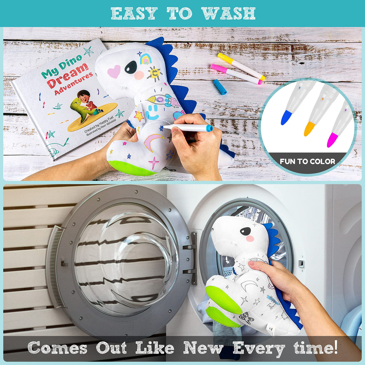 Happy Fuel washable dino doodle doll detail highlights easy washability