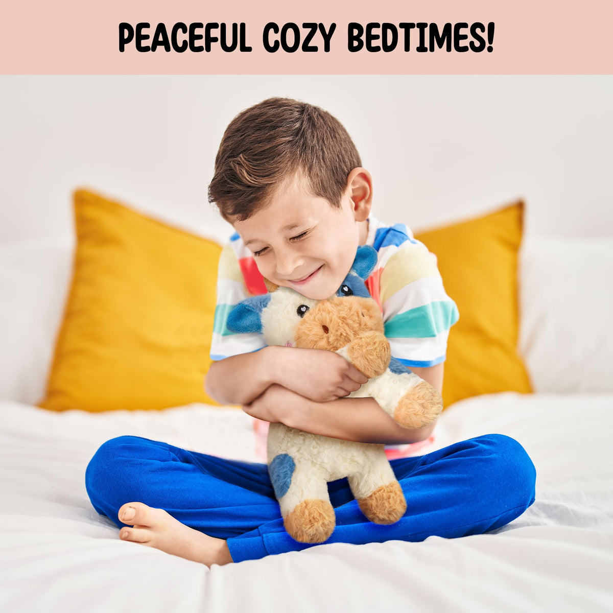 Happy Fuel weighted cow plush provides soothing warmth for cramps and calm.