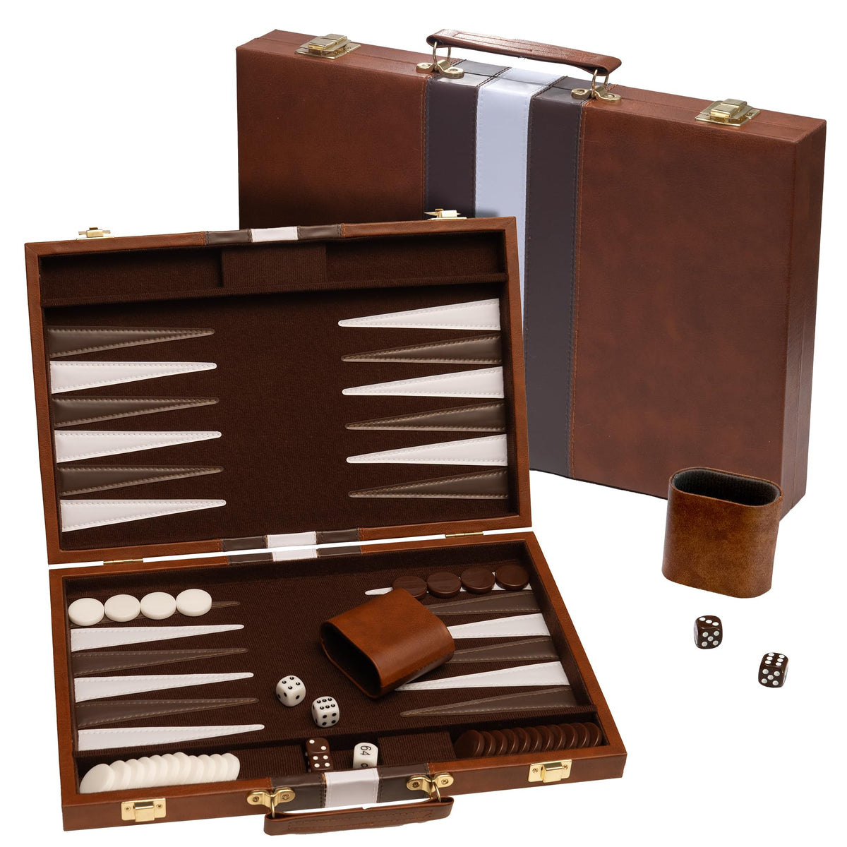 Happy Hippo deluxe backgammon board in brown leather-like case for elegant game nights