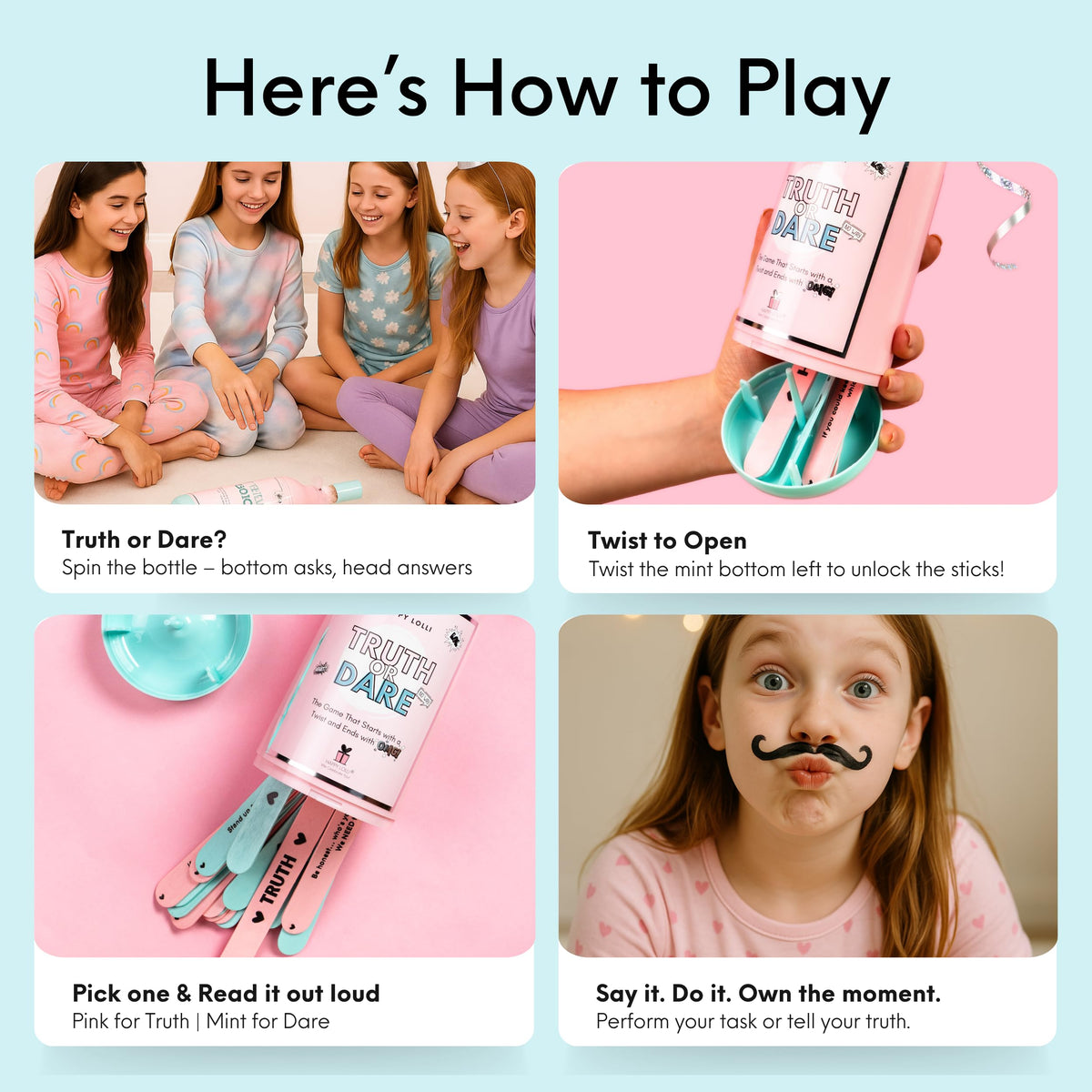 Happy Lolli dare sticks teal pack encourages creative challenges and playful decision making.