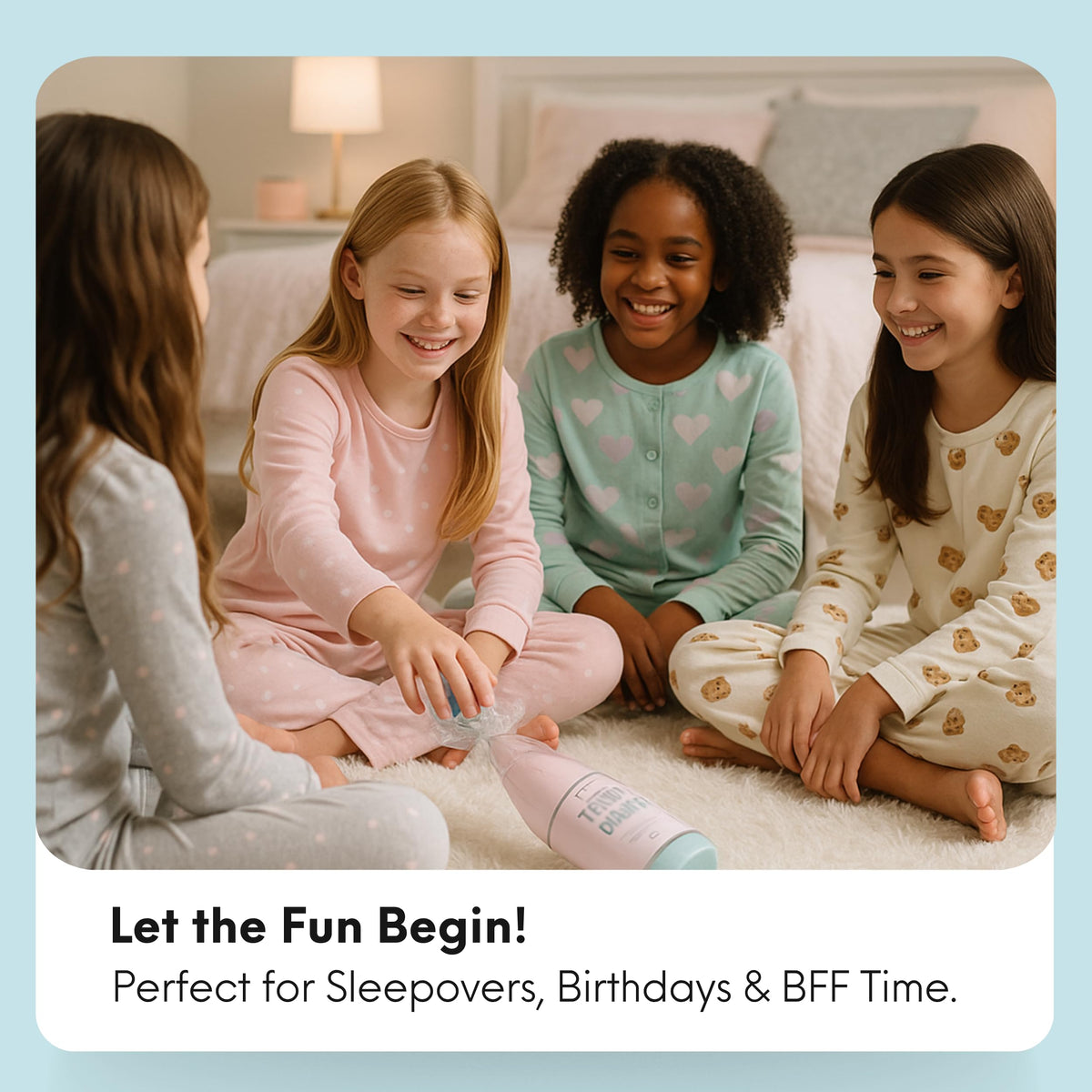 Happy Lolli sleepover party-scene shows friends laughing during a screen-free game night.