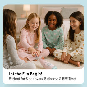 Happy Lolli sleepover party-scene shows friends laughing during a screen-free game night.