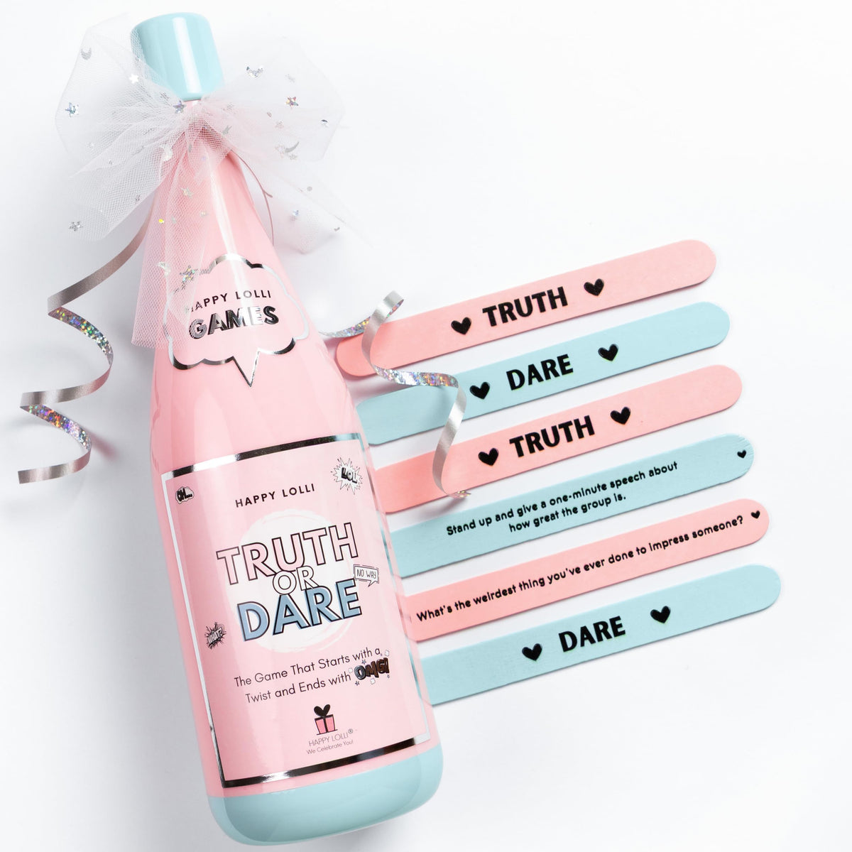 Happy Lolli Truth or Dare bottle open scene, inviting screen-free party fun for tween girls.