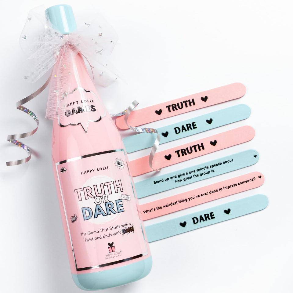 Happy Lolli Truth or Dare bottle open scene, inviting screen-free party fun for tween girls.