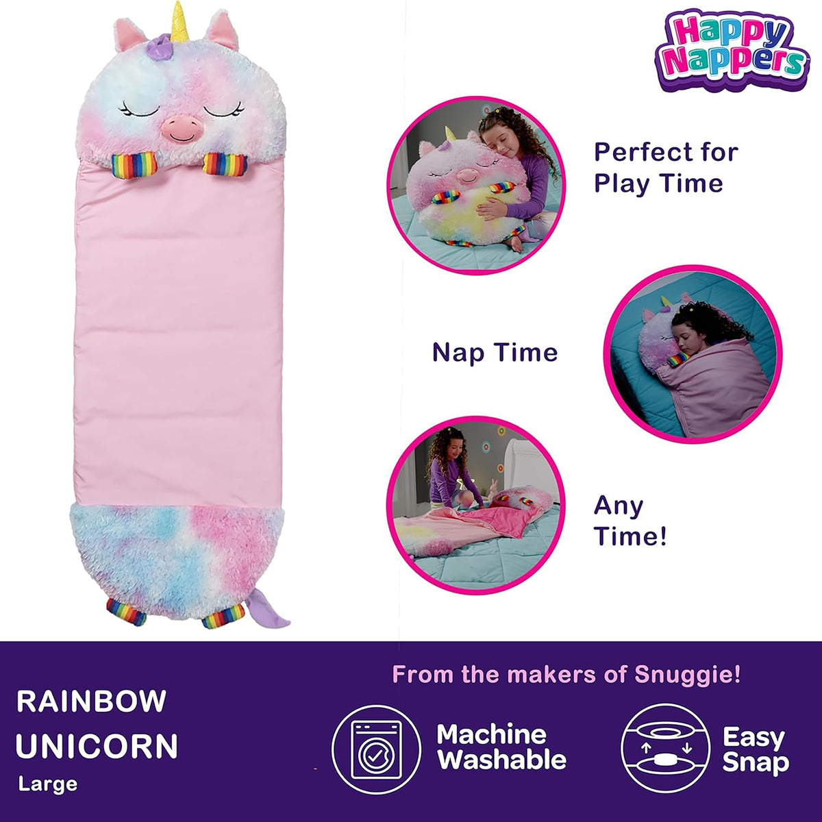 Happy Nappers Rainbow Unicorn fabric close-up shows ultra-soft plush.