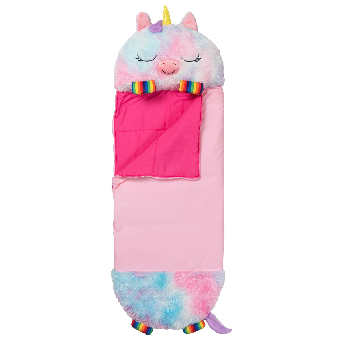 Happy Nappers Rainbow Unicorn pillow shows soft, cozy play and nap-ready comfort.