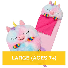 Happy Nappers Rainbow Unicorn travel companion for sleepovers and trips.
