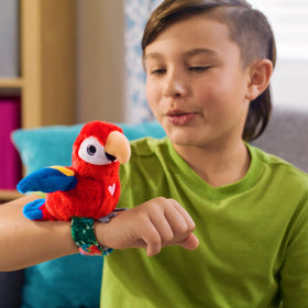Happy Yappers Red Parrot on the wrist slap-bracelet ready for on-the-go chatter