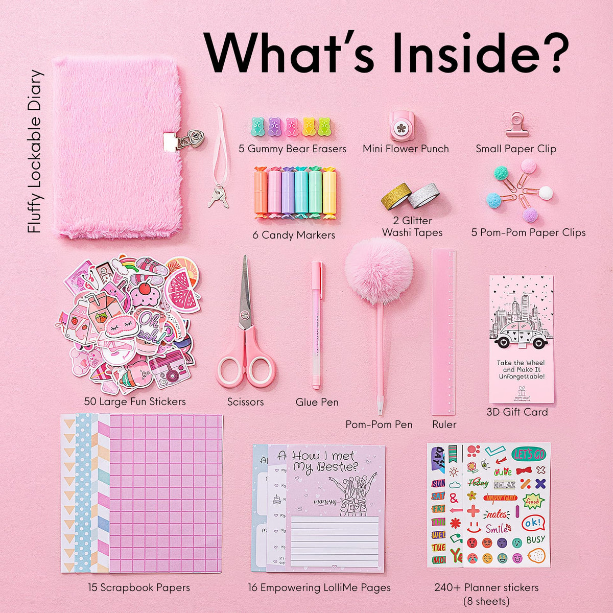 HAPPY LOLLI lockable diary cover with glitter finish for personal notes and privacy