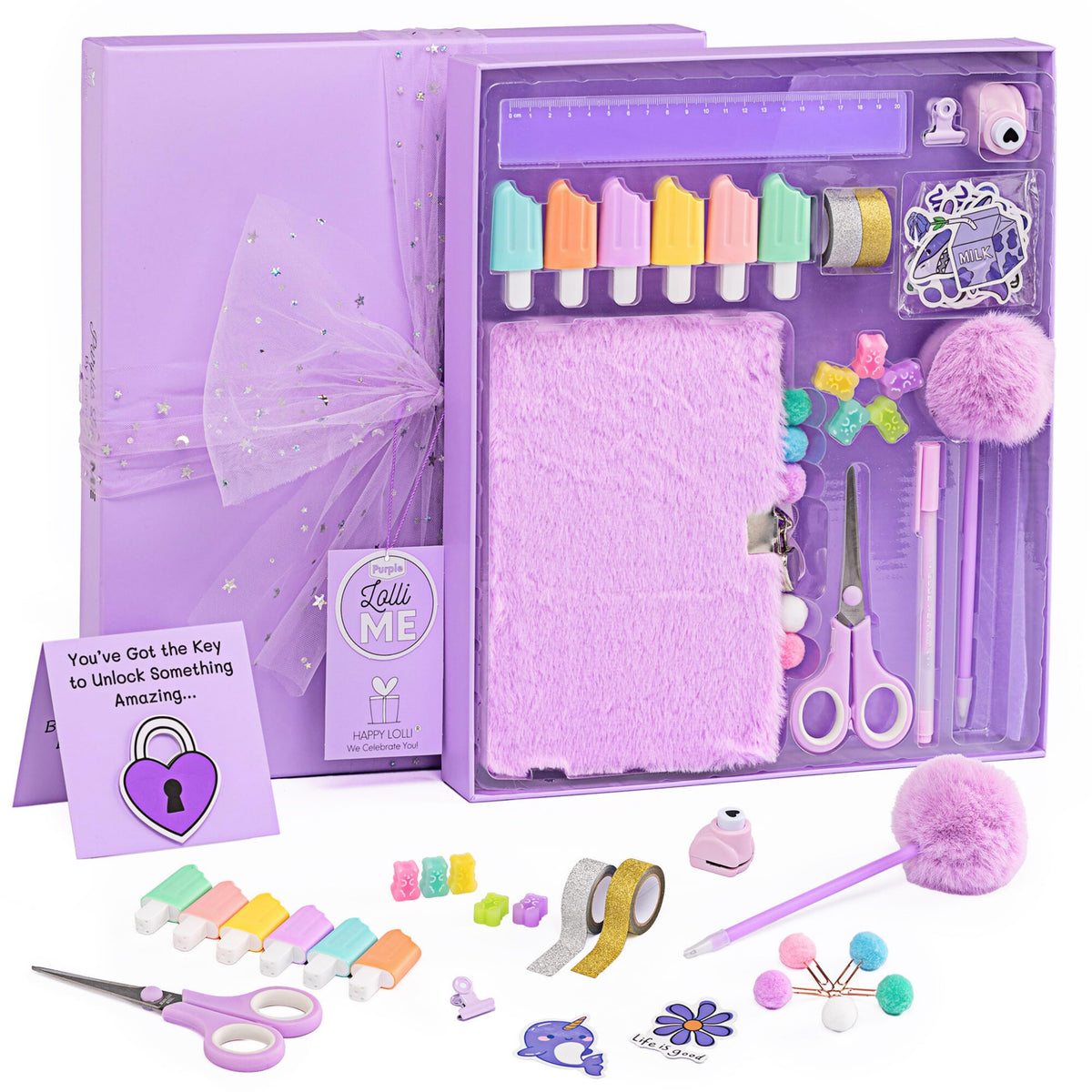 HAPPY LOLLI Purple LolliME kit packaging, ideal for tween journaling and self-expression.
