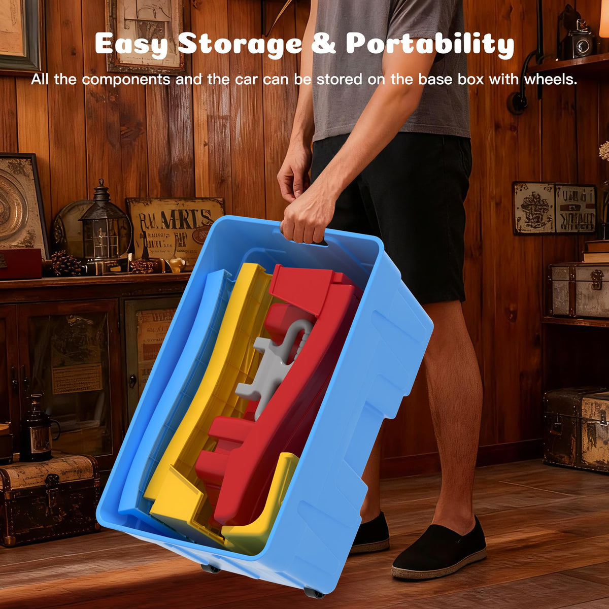 HAPPYMATY Assembled race track storage base highlights organized play areas.