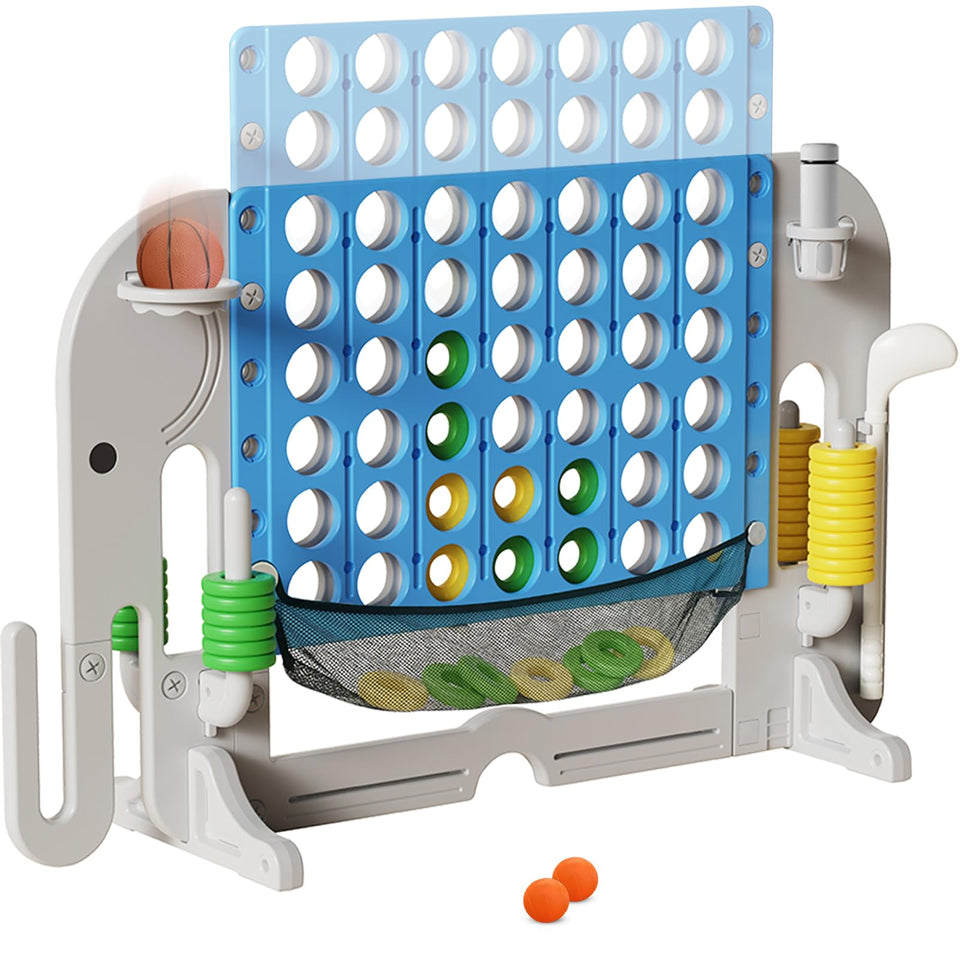 HAPPYMATY giant 4-in-a-row connect game with height adjustability for all ages.