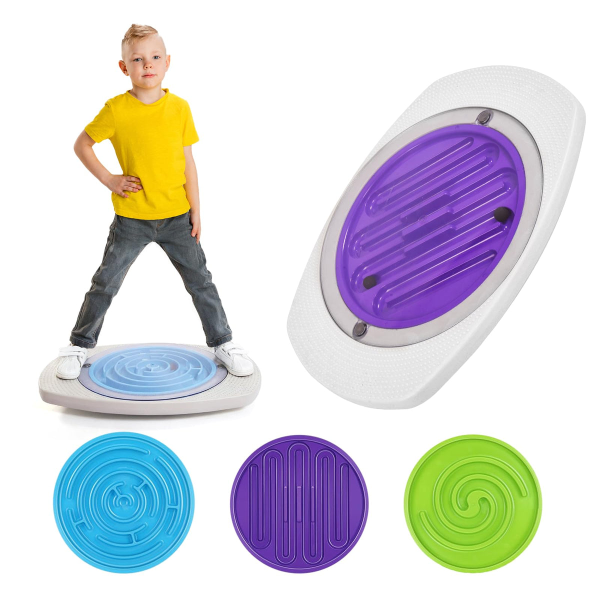 HAPPYMATY Maze Balance Board with 3 maze inserts for progressive balance training.
