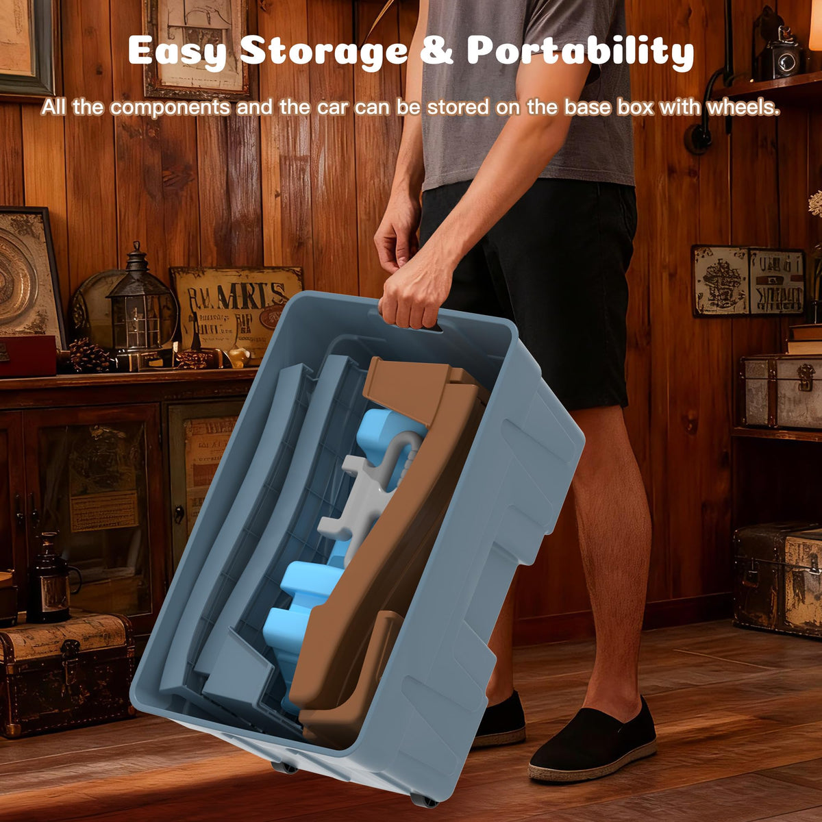 happymaty storage base box shows tidy organization for the complete ride set.
