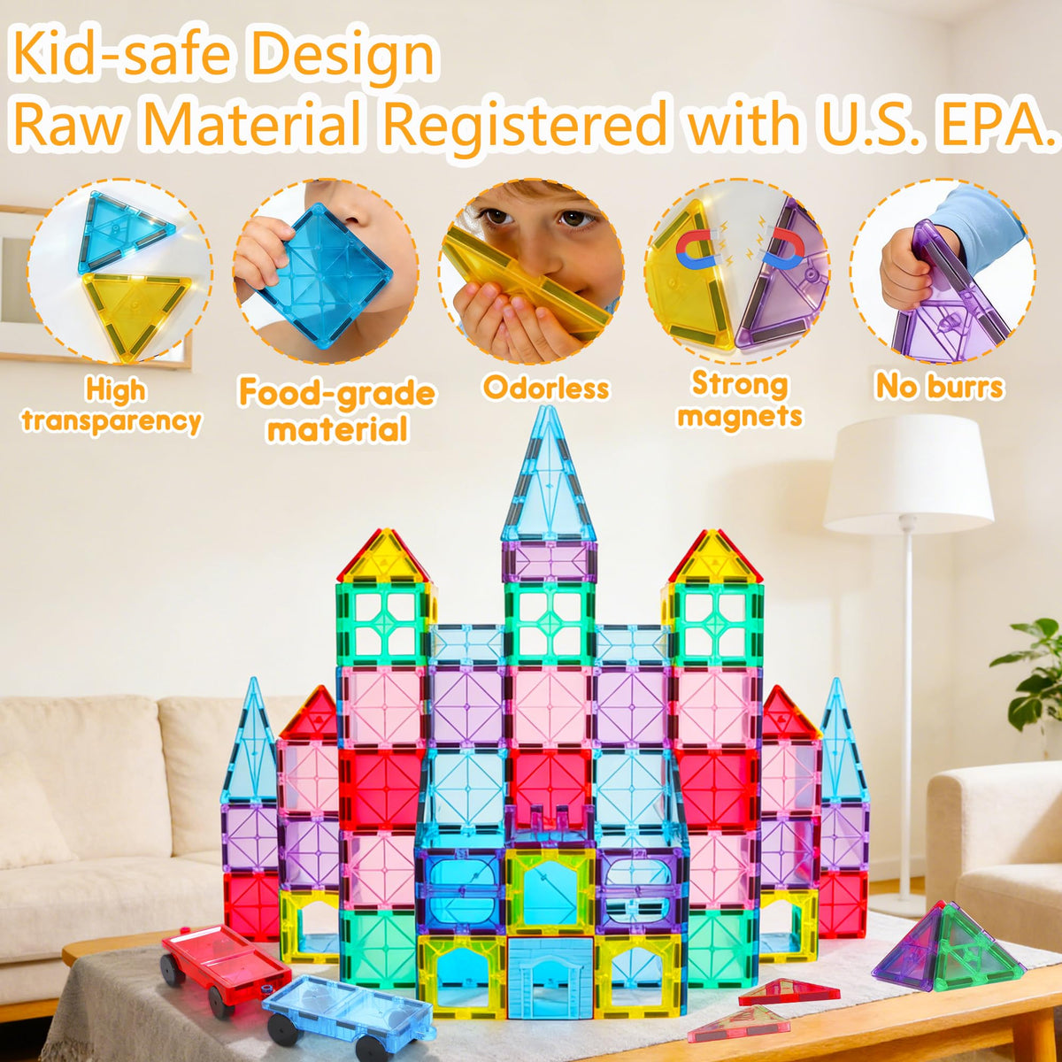 HAPPYMATY magnetic tiles with strong magnets and smooth edges.