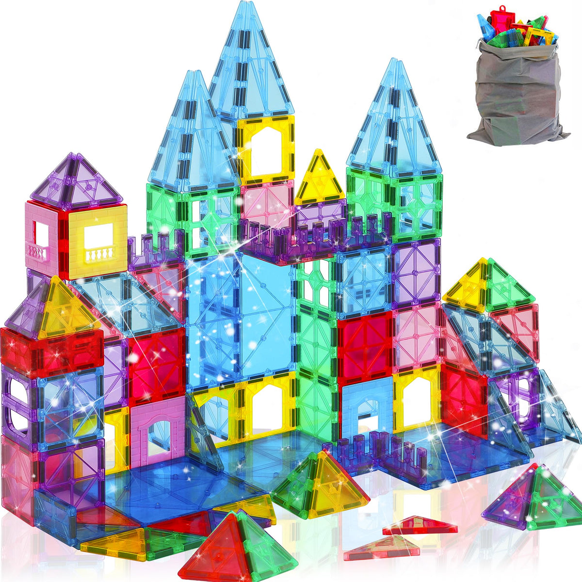 HAPPYMATY Upgraded Antibacterial Magnetic Tiles overview showing 124-piece set.