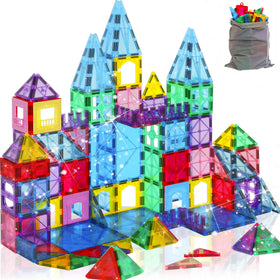 HAPPYMATY Upgraded Antibacterial Magnetic Tiles overview showing 124-piece set.