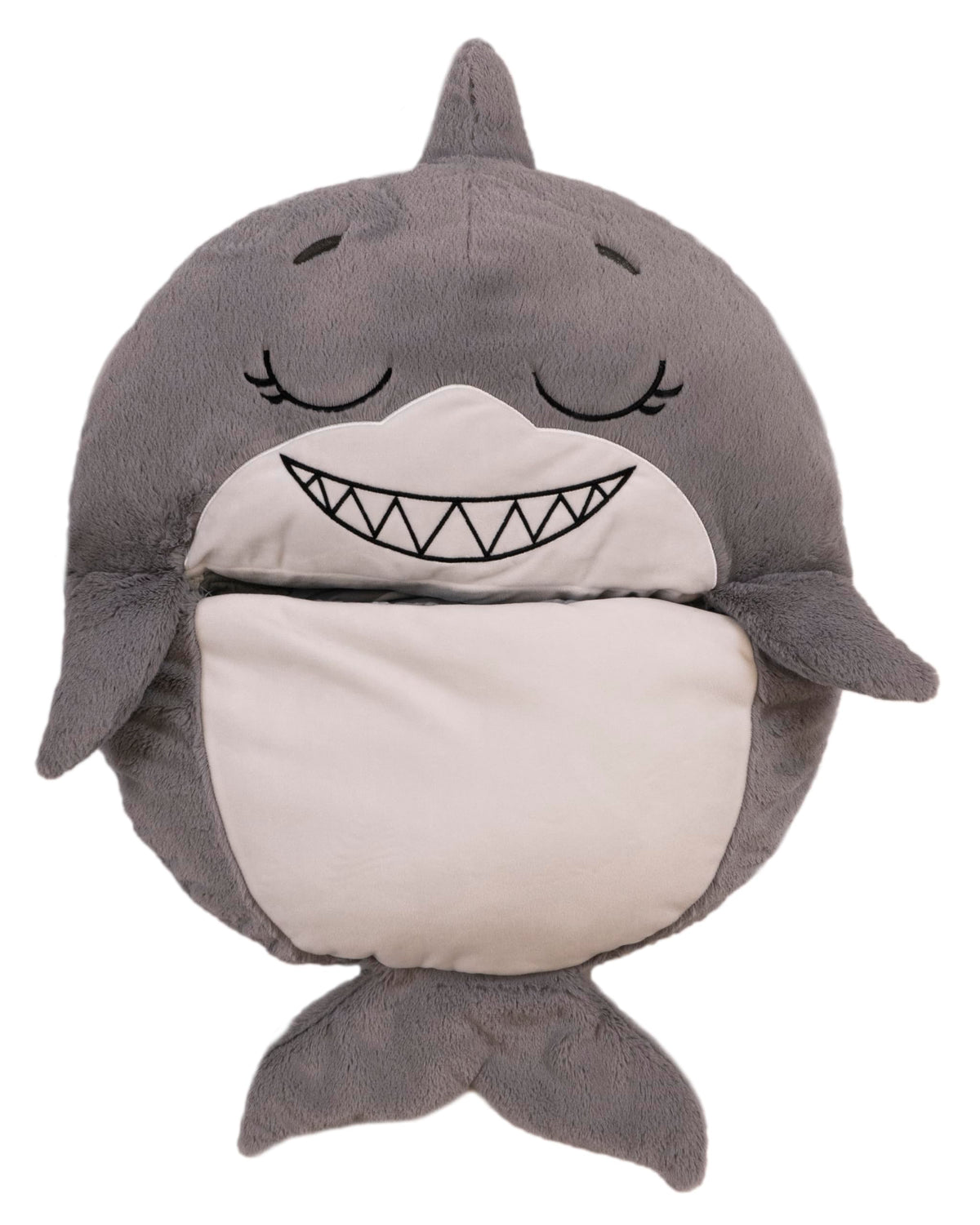 Happy Nappers Grey Shark sleepy-sack-open shows the cozy sleeping bag reveal.