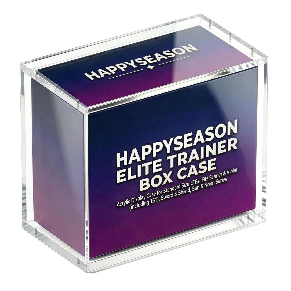 Happyseason ETB acrylic case with magnetic stacking for space-saving display.