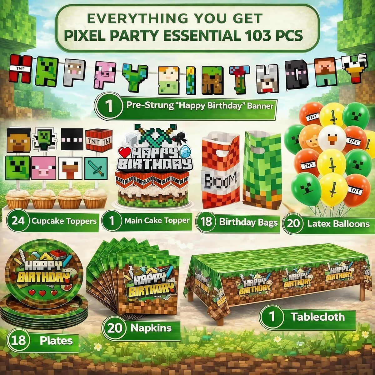 HappySet Pixel Balloons: colorful pixel balloons for a vibrant gaming-themed vibe.