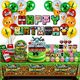 HappySet Pixel Banner: bold gaming banner to energize the birthday party setup.