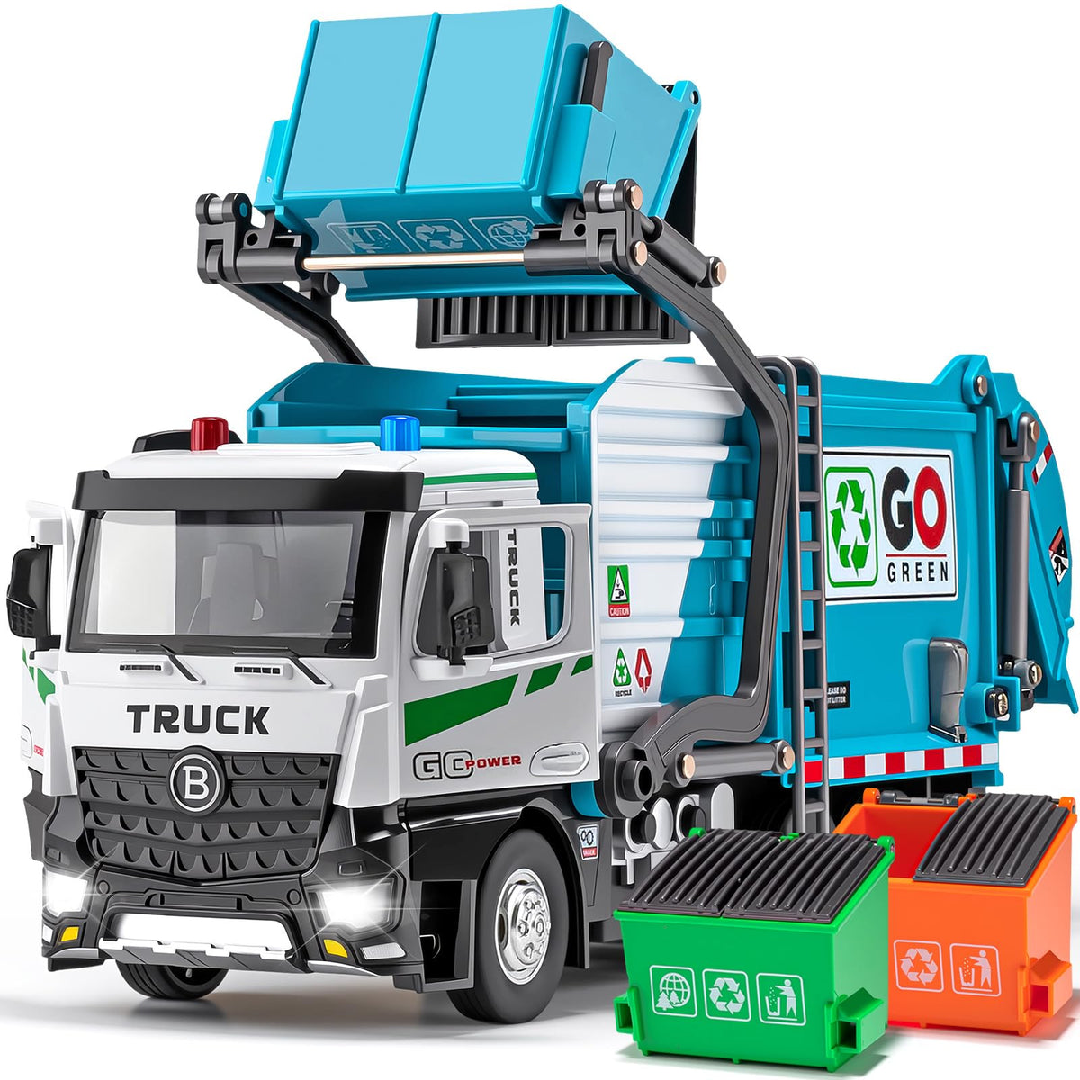 HAPYAD auto-lift trash truck blue cab showing metal frame for durable play.