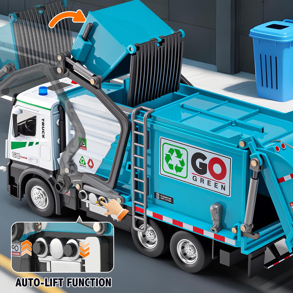 HAPYAD front dumpsters included blue truck demonstrates easy loading action.